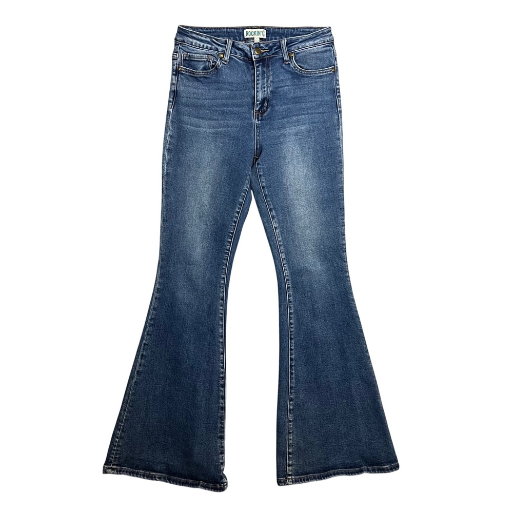Rockin C High Rise Flare Leg Jeans Size 28 Boho Western Festival Hippie